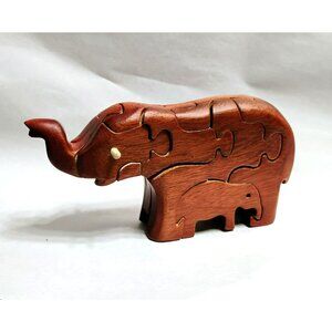 Handcrafted Wooden Elephant Puzzle Figurine w Hidden Baby, Carved Wood Animal